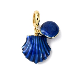 Темно-Синий Латунные эмалированные европейские подвески с подвесками, подвески с большими отверстиями в форме двойной ракушки, долговечный, стойки покрытие, без кадмия и без свинца, реальный 18 k позолоченный, темно-синий, 30 мм, отверстие : 5.5 мм
