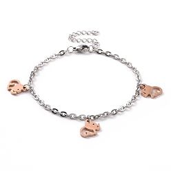Rose Gold & Stainless Steel Color 304 Stainless Steel Elephant Charm Bracelet with Cable Chains for Women, Rose Gold & Stainless Steel Color, 7-1/8 inch(18cm)