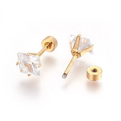 Golden 304 Stainless Steel Earlobe Plugs, Screw Back Earrings, with Rhinestone, Rhombus, Crystal, Golden, 13mm, Rhombus: 8x8x5mm, Pin: 1mm