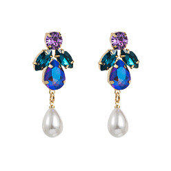 Purple and green Sparkling Rhinestone Alloy Earrings with Pearl Drops for Women's Fashion Statement Jewelry