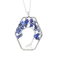 Sodalite Natural Sodalite Chips Beaded Hexagon with Tree Pendant Necklaces, with Platinum Brass Chains, 20.87 inch(53cm)