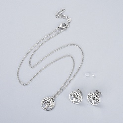 Stainless Steel Stainless Steel Pendants Necklaces and Stud Earrings Jewelry Sets, with Cubic Zirconia, Flat Round with Tree of Life, Stainless Steel Color, 16.9 inch(43cm), 1.5mm, 15x2mm, Pin: 0.8mm