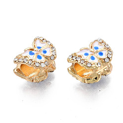 Light Gold Стойки покрытие сплава европейские шарики, бусины с большим отверстием, с хрустальными стразами и эмалью белого и королевского синего цвета, без кадмия, без никеля и без свинца, бабочка, золотой свет, 9x12.5x9 мм, отверстие : 4.5 мм