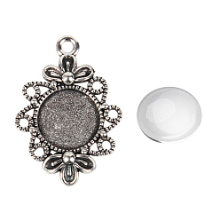 Antique Silver Pendant Making Sets, with Tibetan Style Filigree Alloy Pendant Cabochon Settings and Glass Cabochons, Antique Silver, Flat Round Tray: 12mm, 30x21x3mm, Hole: 2mm, 11.5~12x4mm