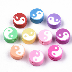 Mixed Color Handmade Polymer Clay Beads, Flat Round with Taiji, Mixed Color, 9~10x4~7mm, Hole: 1.6mm