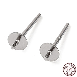 Real Platinum Plated Rhodium Plated 925 Sterling Silver Stud Earring Findings, Flat Pad, for Half Drilled Bead, with S925 Stamp, Real Platinum Plated, 12.5x4mm, Pin: 0.7mm