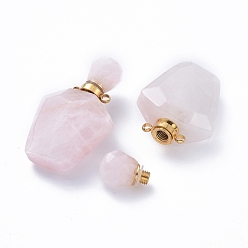 Rose Quartz Faceted Natural Rose Quartz Openable Perfume Bottle Pendants, Essential Oil Bottles, with Golden Tone 304 Stainless Steel Findings, 35.5~37.5x23x13.5mm, Hole: 1.8mm, Capacity: about 2ml(0.06 fl. oz)