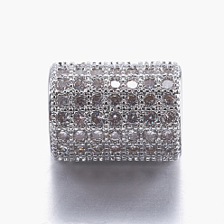 Platinum Brass Micro Pave Cubic Zirconia Beads, Column, Clear, Platinum, 9x6.5mm, Hole: 4mm