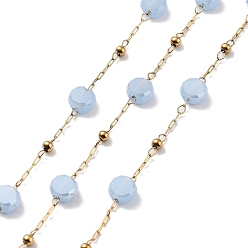 Light Sky Blue 304 Stainless Steel Handmade Beaded Chain, with Electroplated Glass, with Spool, Soldered, Real 18K Gold Plated, Flat Round, Light Sky Blue, 5.5x5.5x3.5mm, about 16.40 Feet(5m)/Roll