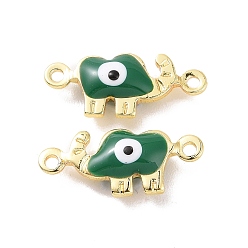 Green Brass Enamel Connector Charms, Real 18K Gold Plated, Elephant with Evil Eye Pattern, Green, 6x14.5x3mm, Hole: 1mm