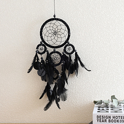 Black Woven Web/Net with Feather Pendant Decorations, with Polyester Cord and Iron Finding, Black, 460x160x5mm