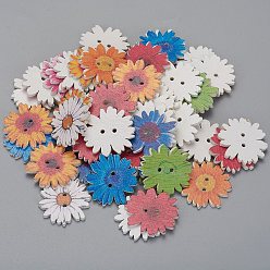 Mixed Color 2-Hole Printed Wooden Buttons, for Sewing Crafting, Flower, Dyed, Mixed Color, 25x26x2mm, Hole: 1.8mm, about 48~50pcs/Bag
