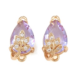 Lila Dijes de conector de zirconia cúbica transparente con micro pavé de latón, lágrima con enlaces florales, con vidrio, facetados, lila, 20x10.5x10.5 mm, agujero: 1.3 mm
