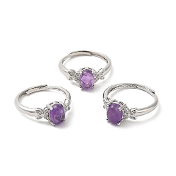 Amethyst Natural Amethyst Oval with Butterfly Adjustable Ring, Platinum Brass Jewelry, Inner Diameter: 18mm