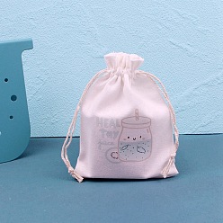 Bottle Printed Cotton Cloth Storage Pouches, Rectangle Drawstring Bags, for Candy Gift Bags, White, Bottle, 14x10cm