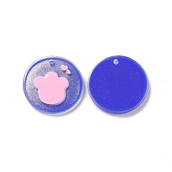 Blue Acrylic Pendants, with Enamel and Glitter Powder, Flat Round with Paw Print Pattern, Blue, 19.5x2mm, Hole: 1.5mm