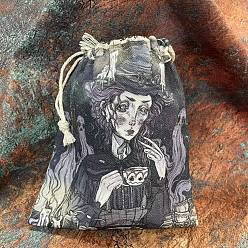 Witch Rectangle Canvas Cloth Tarot Cards Storage Pouches, Jewelry Drawstring Storage Bags, for Witchcraft Articles Storage, Witch, 18x13cm