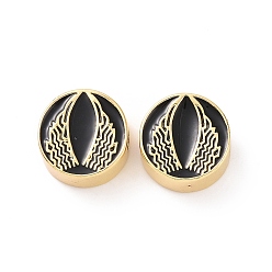 Black Brass Enamel Beads, Cadmium Free & Lead Free, Long-Lasting Plated, Real 18K Gold Plated, Flat Round with Wing, Black, 12x5.5mm, Hole: 2.5mm