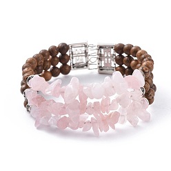 Rose Quartz Three Loops Natural Rose Quartz Chip Beads Wrap Bracelets, with Wood Beads, Alloy Findings and Steel Bracelet Memory Wire, 2-1/8 inch(5.4cm)
