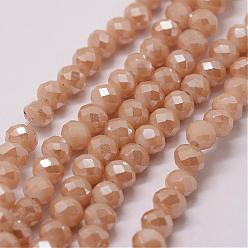 PeachPuff Electroplate Glass Bead Strands, Rondelle, Faceted, Pearl Luster Plated, PeachPuff, 4x3mm, Hole: 1mm, about 130~135pcs/strand, (15.3~15.7 inch)39~40cm
