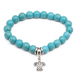 Turtle 2 Turquoise Beaded Bracelet Set with Cross Pendant - Vintage Natural Stone Jewelry