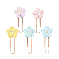 Mixed Color Polyester Embroidered Flower Bookmarks, Rose Golden Iron Paper Clips, Mixed Color, 58x25x3.5mm