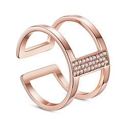 Rose Gold SHEGRACE Chic 925 Sterling Silver Double Bands Cuff Rings, Open Rings, Micro Pave AAA Cubic Zirconia, Rose Gold, 17mm