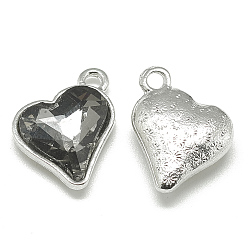 Gray Alloy Glass Pendants, Faceted, Heart, Platinum, Gray, 17x15x5mm, Hole: 1.5mm