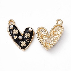 Black Alloy Enamel Pendants, with ABS Imitation Pearl Beads, Light Glod, Heart with Flower Charm, Black, 21x14.5x4mm, Hole: 1.6mm