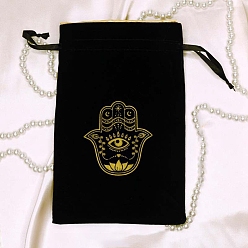 Black Rectangle Velvet Jewelry Packing Pouches, Drawstring Bags with Hamsa Hand Print, Black, 23x17cm
