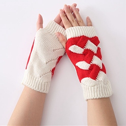 Red Polyacrylonitrile Fiber Yarn Knitting Fingerless Gloves, Two Tone Winter Warm Gloves with Thumb Hole, Red & White, 200x100mm