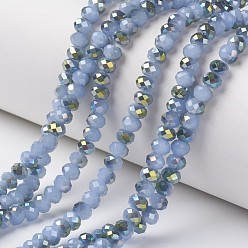 Light Sky Blue Electroplate Glass Beads Strands, Imitation Jade Beads, Pearl Luster Plated, Half Green Plated, Faceted, Rondelle, Light Sky Blue, 8x6mm, Hole: 1mm, about 68pcs/strand, 15.5 inch(38.75cm)