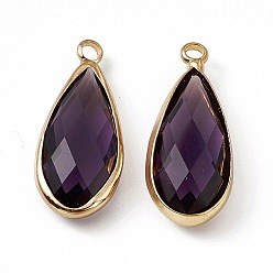 Tanzanite K9 Glass Pendants, Teardrop Charms, Faceted, with Light Gold Tone Brass Edge, Tanzanite, 24.5x10.5x5.5mm, Hole: 2.3mm
