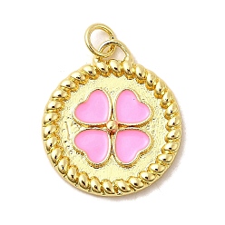 Pink Латунь эмаль подвески, плоские круглые подвески с клевером и соединительными кольцами, без свинца и без кадмия, долговечный, стойки покрытие, реальный 18 k позолоченный, розовые, 22.5x19.5x2.5 мм, отверстие : 3.4 мм