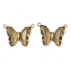 Dark Khaki Brass Pave Faceted Glass Connector Charms, Golden Tone Butterfly Links, Dark Khaki, 17.5x23x5mm, Hole: 0.9mm