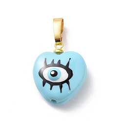 Светло-Голубой Латунь эмаль подвески, золотые, сердце с сглаза, Небесно-голубой, 17x14.5x5 мм, отверстие : 6.3x3.7 мм
