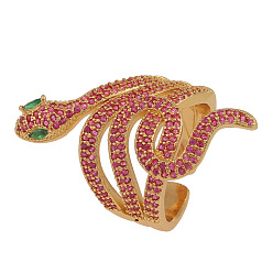 Deep Pink Cubic Zirconia Snake Open Cuff Ring, Gold Plated Brass Chunky Thick Ring for Women, Deep Pink, US Size 11 1/2(20.9mm)