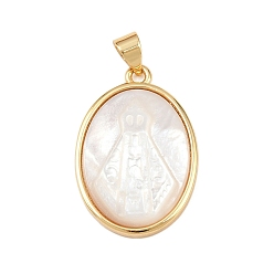 Virgin Овальные подвески из натуральной белой ракушки, с латунной, реальный 18 k позолоченный, долговечный, без кадмия и без свинца, стойки покрытие, девственница, 25x17x3.5~4.5 мм, отверстие : 4.5x3.5 мм