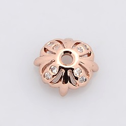 Rose Gold 4-Petal Brass Micro Pave Cubic Zirconia Bead Caps, Lead Free & Nickel Free & Cadmium Free, Rose Gold, 6.5x3mm, Hole: 1mm
