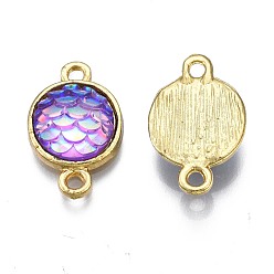 Lilac Alloy Resin Links connectors, Flat Round with Mermaid Fish Scale Shaped, Light Gold, Lilac, 18.5x11x4.5mm, Hole: 1.8mm