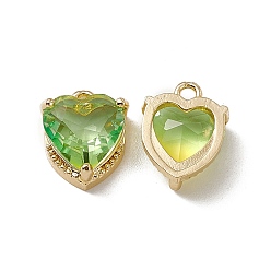 Peridot Heart K9 Glass Charms, Faceted, with Light Gold Tone Brass Findings, Peridot, 13x10.5x5mm, Hole: 1.6mm