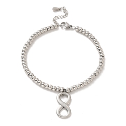 Stainless Steel Color 304 Stainless Steel Infinity Charm Bracelet with 201 Stainless Steel Round Beads for Women, Stainless Steel Color, 8-3/4 inch(22.3cm)