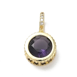 Dark Violet Brass Pave Cubic Zirconia Pendants, Flat Round Charms, Long-Lasting Plated, Rack Plating, Lead Free & Cadmium Free, Real 18K Gold Plated, Dark Violet, 21x12x7.8mm, Hole: 5x7mm