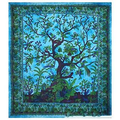 Deep Sky Blue Polyester Green Tree of Life Pattern Wall Hanging Tapestry, Psychedelic Hippie Tapestry for Bedroom Living Room Decoration, Rectangle, Deep Sky Blue, 950x730mm