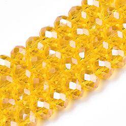 Verge D'or Perles en verre electroplate, perle plaquée lustre, facette, rondelle, verge d'or, 8x6mm, Trou: 1mm, Environ 65~72 pcs/chapelet, 15.7~16.1 pouce (40~41 cm)