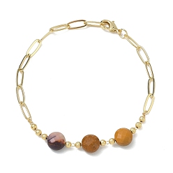 Mookaite Natural Mookaite Faceted Flat Round Beaded Brass Paperclip Chain Bracelets, Long-Lasting Plated, Golden, 8.50 inch(21.6cm)