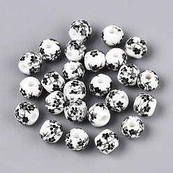 Черный Фарфоровые керамические бусины ручной работы с цветочным принтом, круглые, чёрные, 6 мм, отверстие : 1.8~2 мм