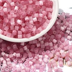 Hot Pink Glass Seed Beads, Imitation Cat Eye, Round Hole, Hexagon, Hot Pink, 3.5x3.8x3.5mm, Hole: 1mm, 409pcs/pound