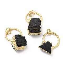 Golden Natural Black Tourmaline Pendants, Nuggets Charms with Rack Plating Brass Findings, Cadmium Free & Lead Free, Golden, 26~34.5x20.5x6~14mm, Hole: 3.5mm