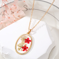 2# elliptical red flower Natural Dried Flower Necklace with Geometric Resin Pendant and Transparent Droplet, for Women's Sweater Chain.